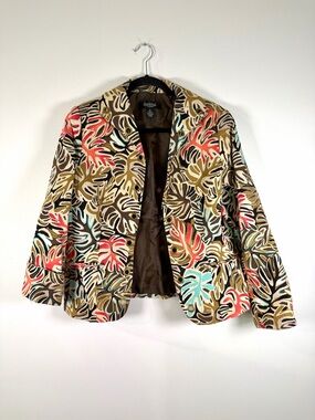 Peck & Peck Tropical Leaf Print Blazer - Coral, Aqua & Olive with Grommets